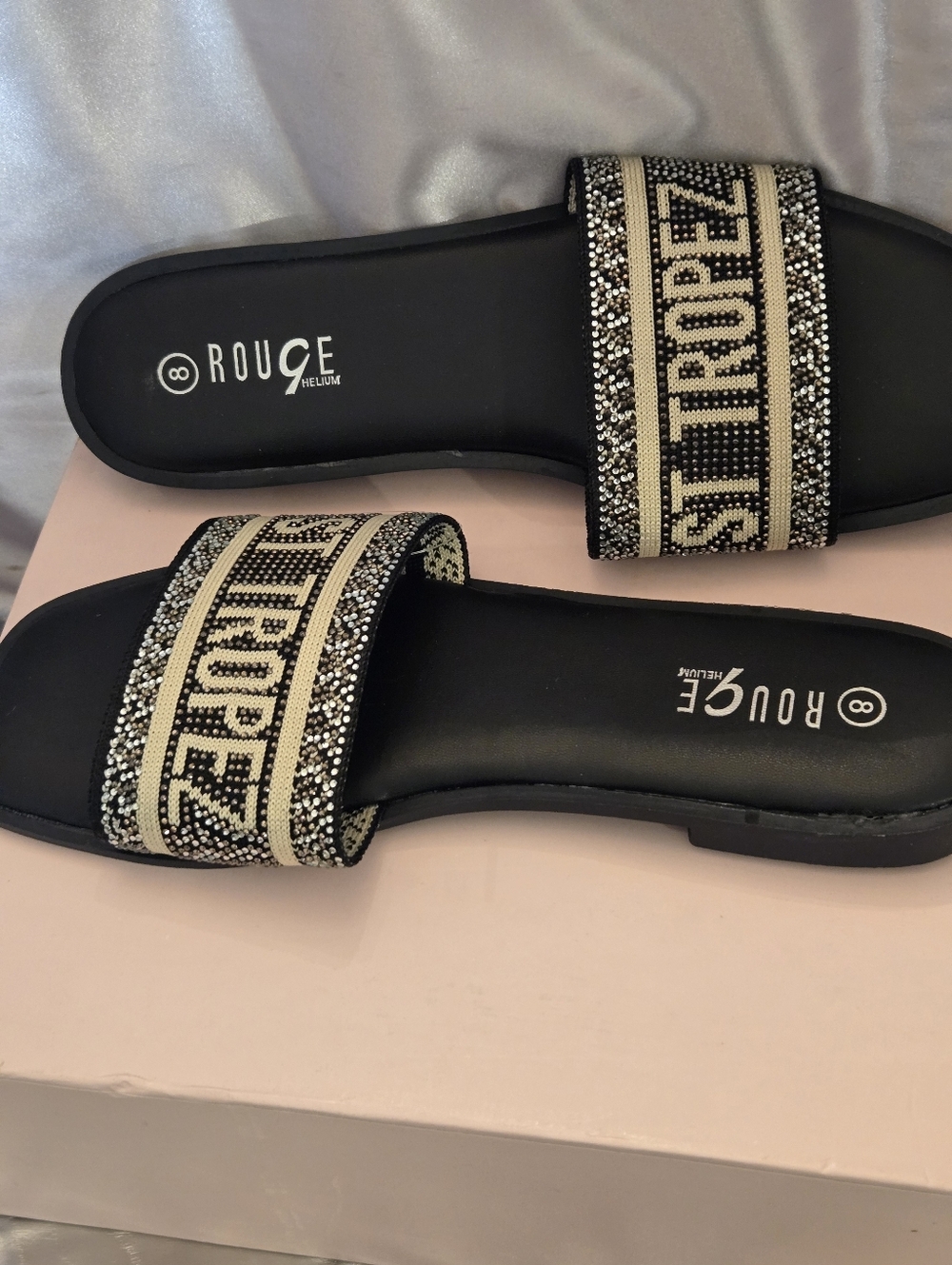 Rouge Helium Black & Beige St. Tropez Beaded Slide Sandals